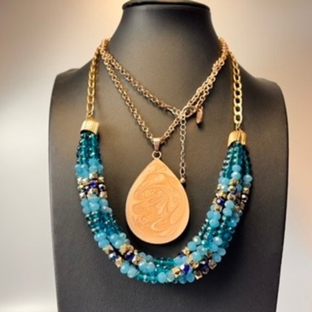 Charming Charlie Necklace Set Blue Peach Beaded Teardrop Boho Statement Jewelry